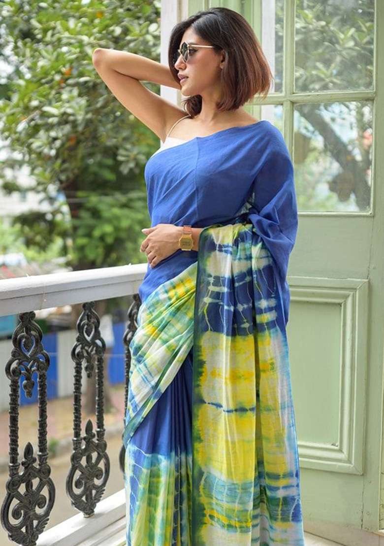 Blue Printed Linen Saree Set for Diwali and Festive Wear - Indya