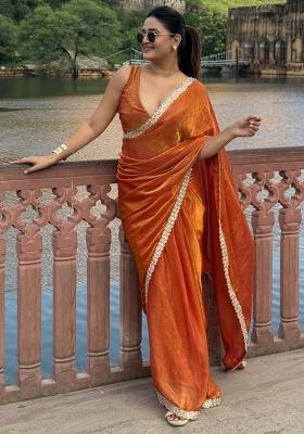 Orange Embroidery Silk Saree Set