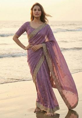 Mauve Embroidery Silk Saree Set