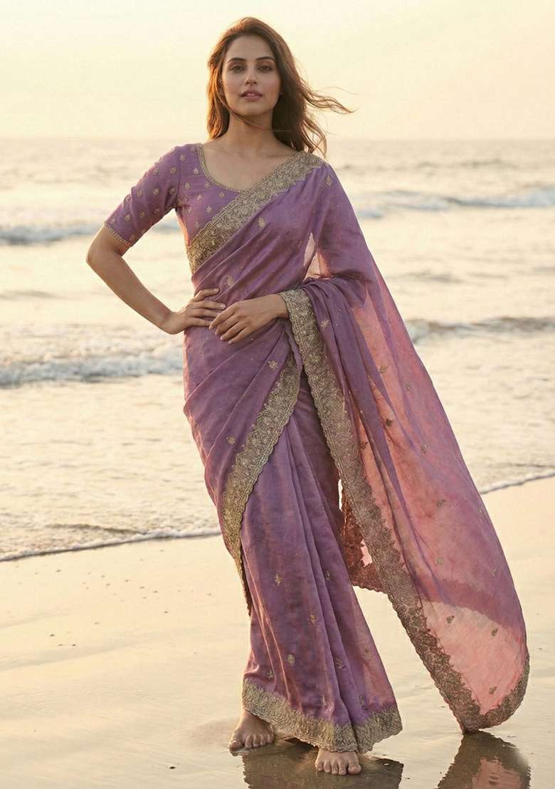 Mauve Embroidery Silk Saree Set - Indya