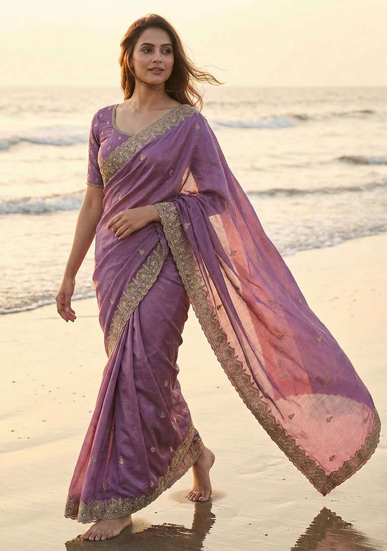 Mauve Embroidery Silk Saree Set - Indya