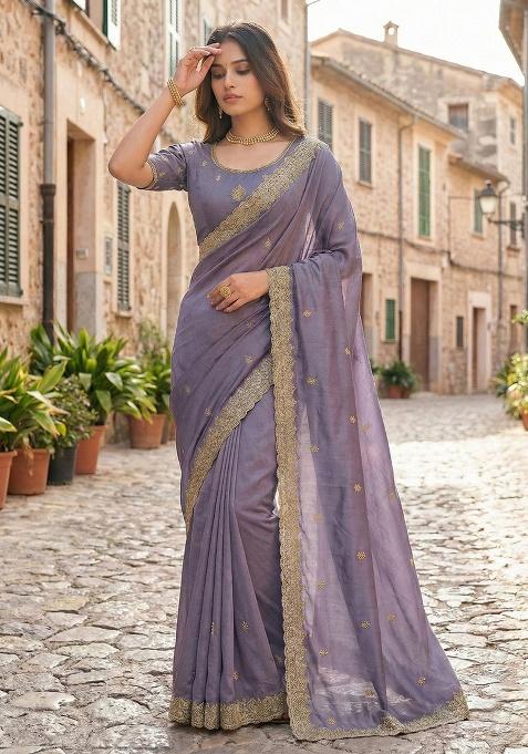 Lavender Grey Embroidery Silk Saree Set