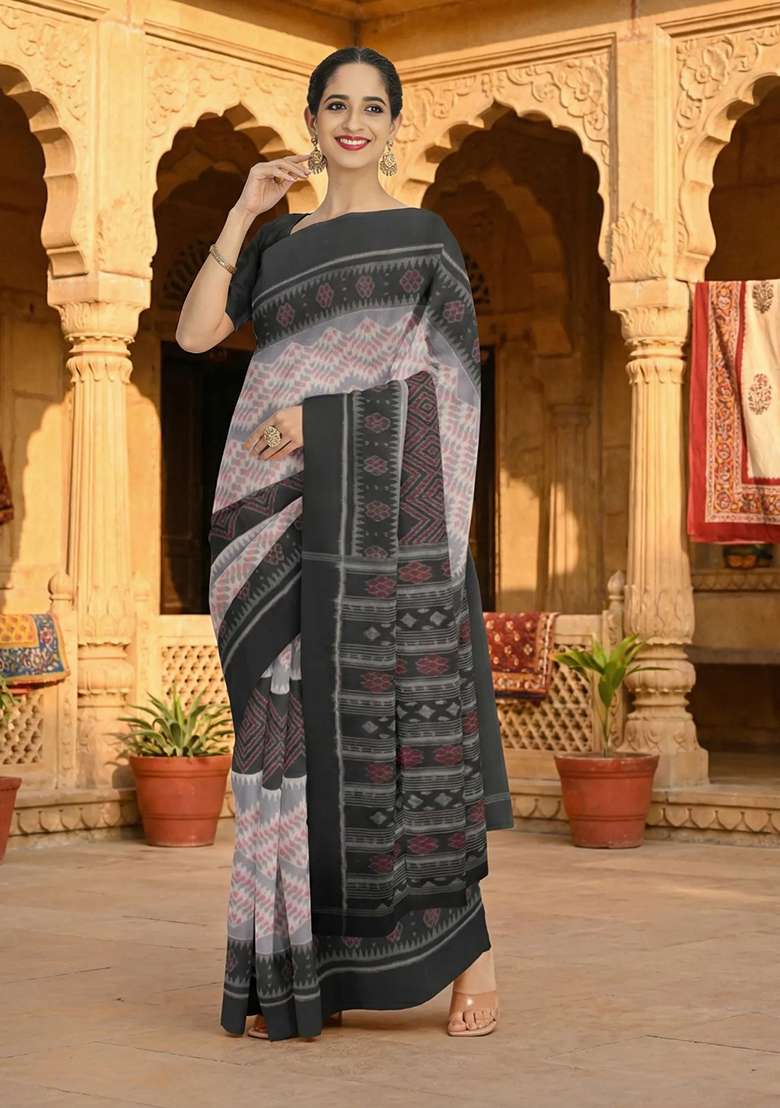 Grey Printed Cotton Saree Set for Diwali and Festive Wear - Indya