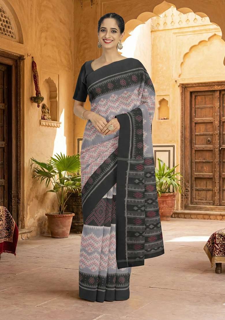 Grey Printed Cotton Saree Set for Diwali and Festive Wear - Indya
