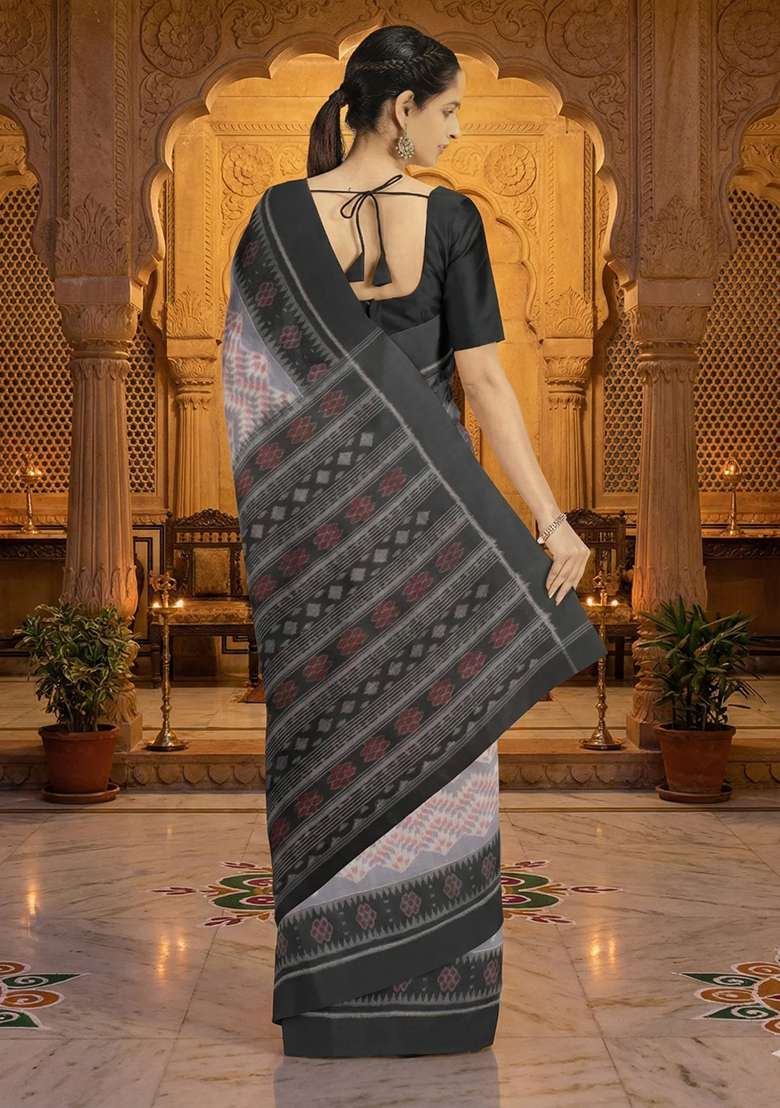 Grey Printed Cotton Saree Set for Diwali and Festive Wear - Indya