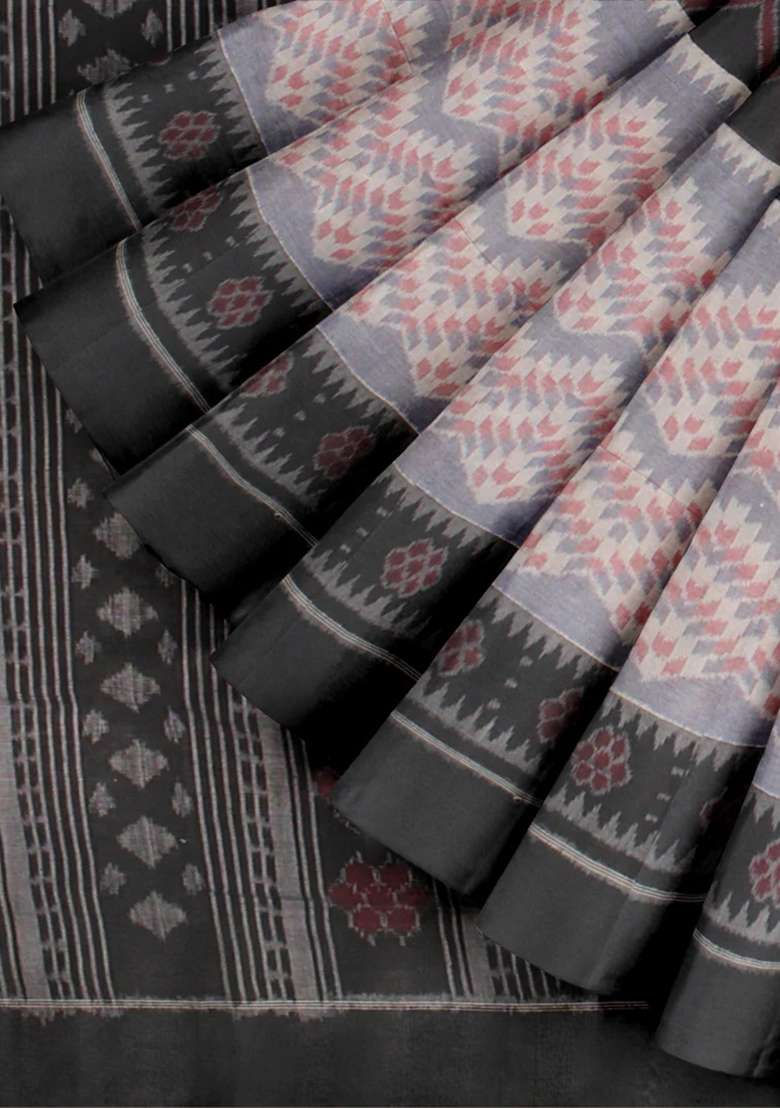Grey Printed Cotton Saree Set for Diwali and Festive Wear - Indya