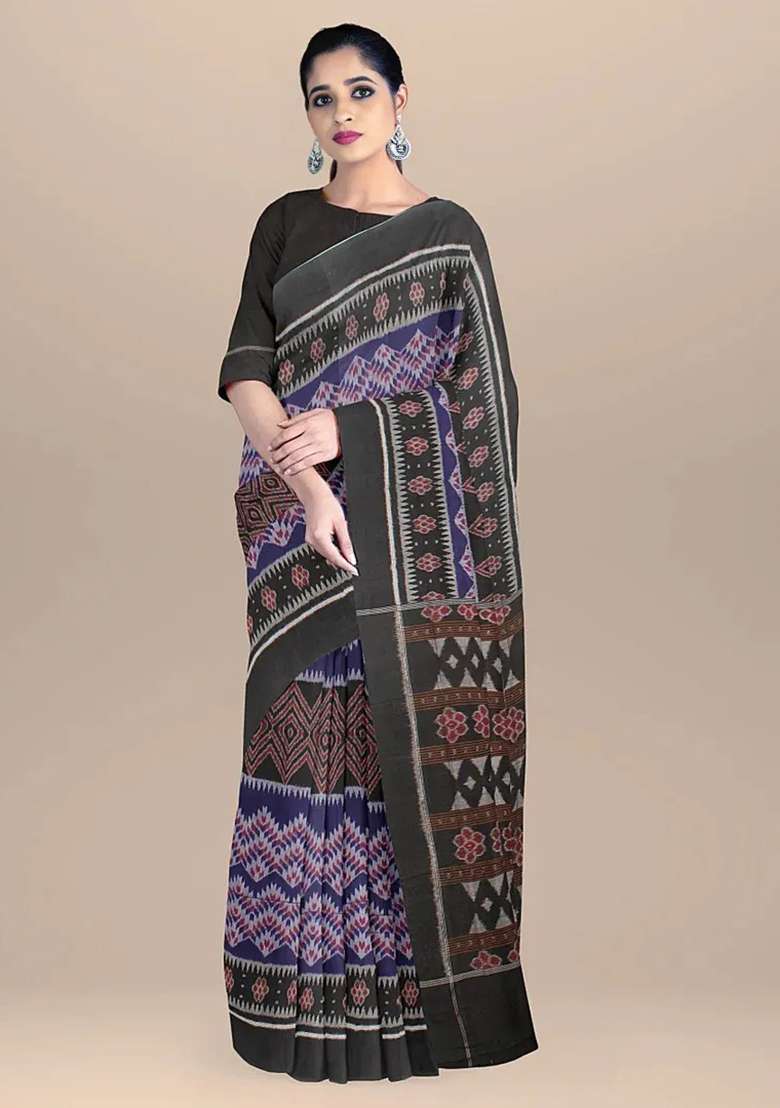 Blue Printed Cotton Saree Set for Diwali and Festive Wear - Indya