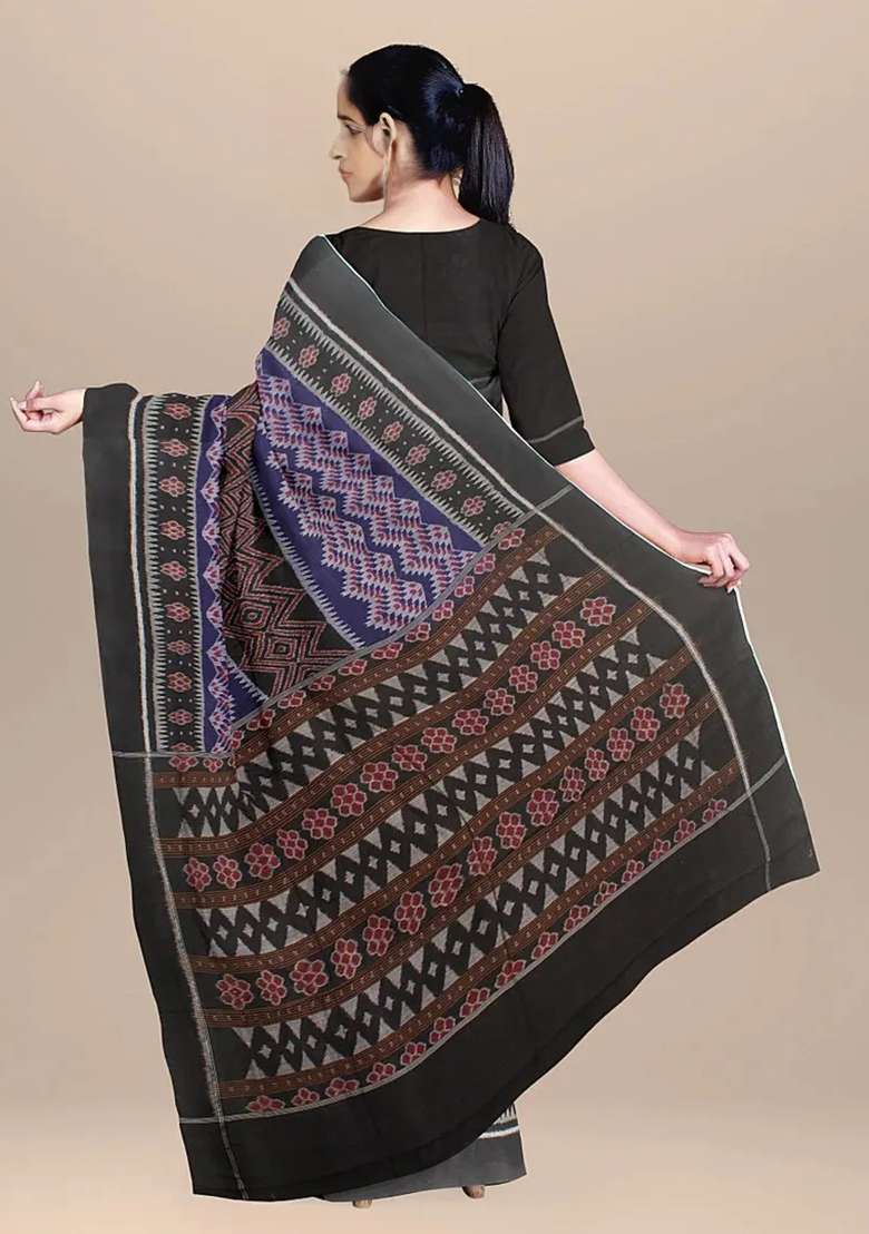 Blue Printed Cotton Saree Set for Diwali and Festive Wear - Indya
