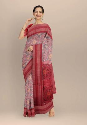 Grey Printed Cotton Saree Set