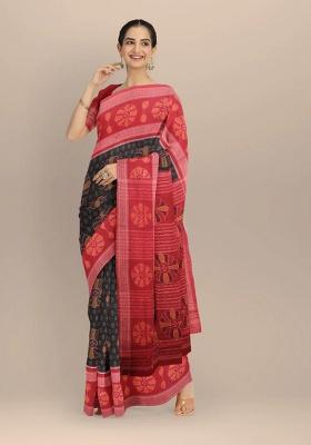 Black Printed Cotton Saree Set