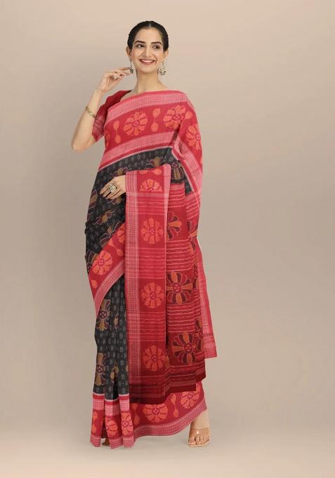 Black Printed Cotton Saree Set