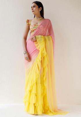Pink And Yellow Motif Georgette Saree Set