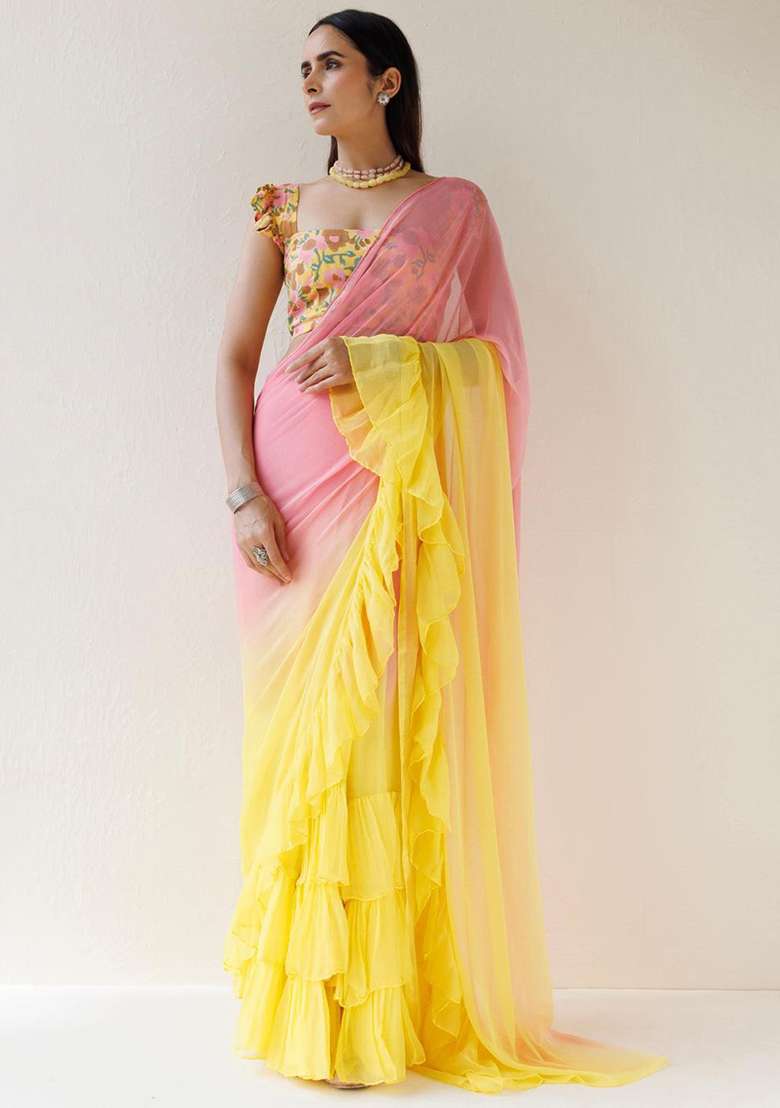Pink And Yellow Motif Georgette Saree Set for Diwali | Wedding & Festive Wear - Indya