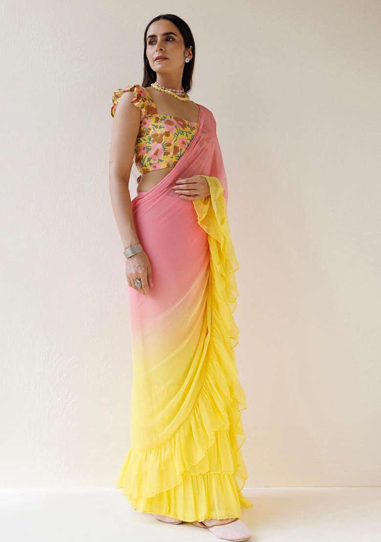 Pink And Yellow Motif Georgette Saree Set for Diwali | Wedding & Festive Wear - Indya