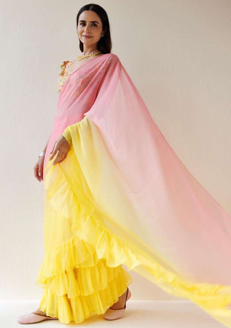 Pink And Yellow Motif Georgette Saree Set for Diwali | Wedding & Festive Wear - Indya