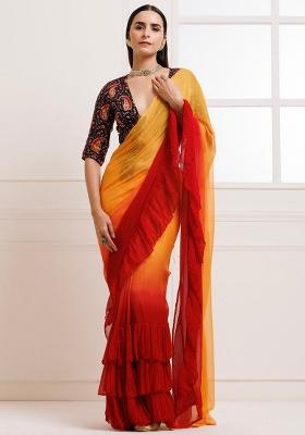 Yellow And Red Motif Georgette Saree Set