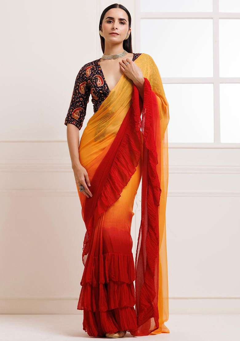 Yellow And Red Motif Georgette Saree Set for Diwali | Wedding & Festive Wear - Indya