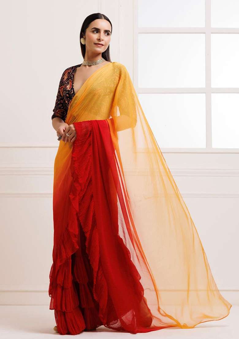 Yellow And Red Motif Georgette Saree Set for Diwali | Wedding & Festive Wear - Indya