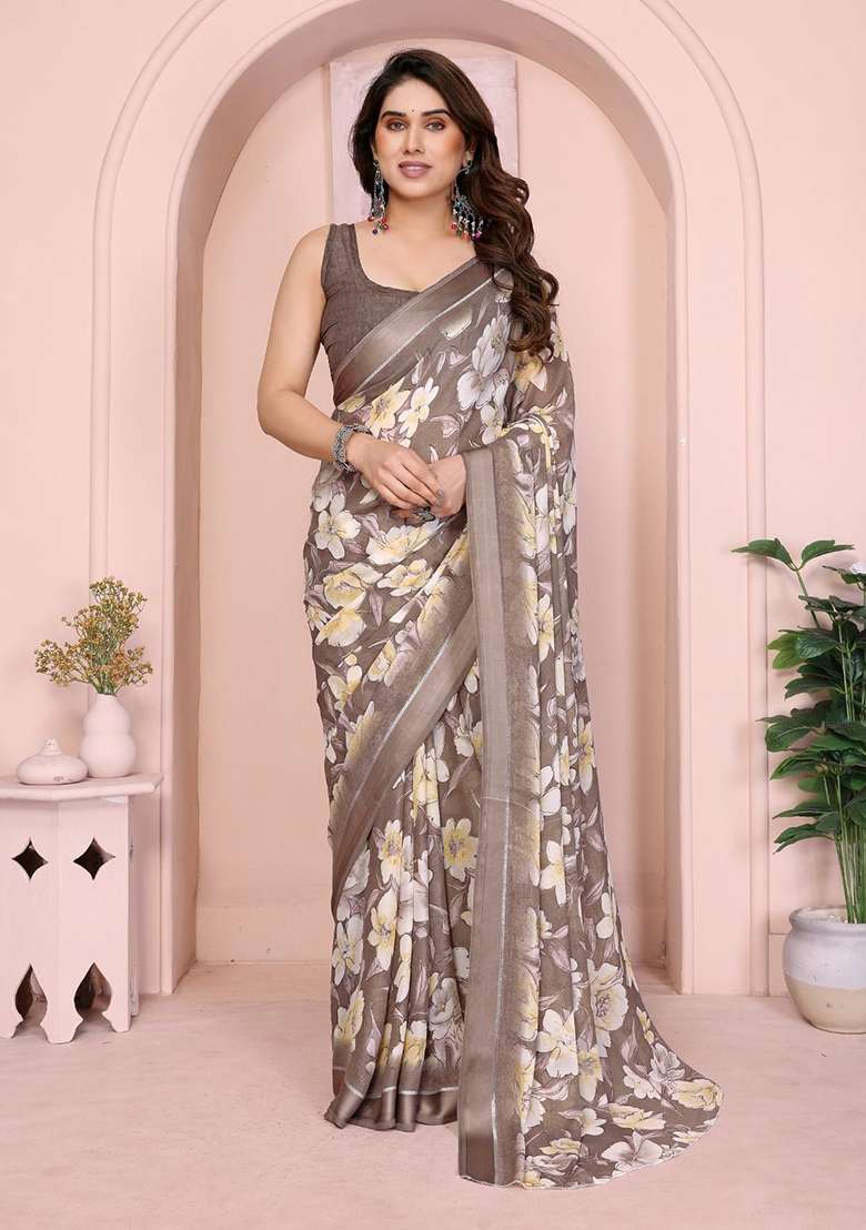 Brown Floral Print Chiffon Saree Set for Diwali and Festive Wear - Indya