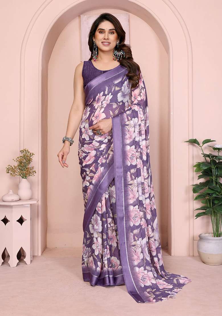 Purple Floral Print Chiffon Saree Set for Diwali and Festive Wear - Indya