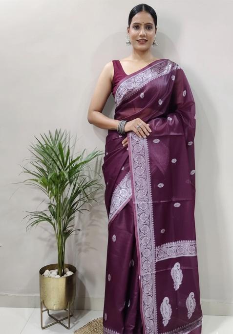 Wine Weaving Linen Saree Set