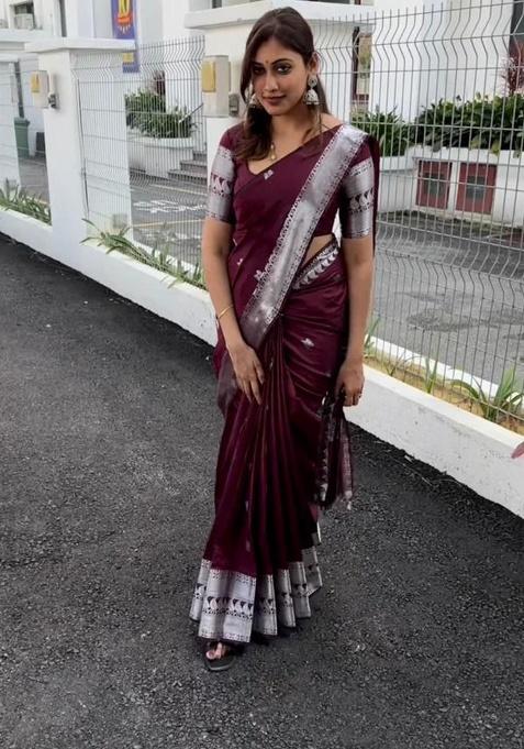 Wine Weaving Silk Saree Set