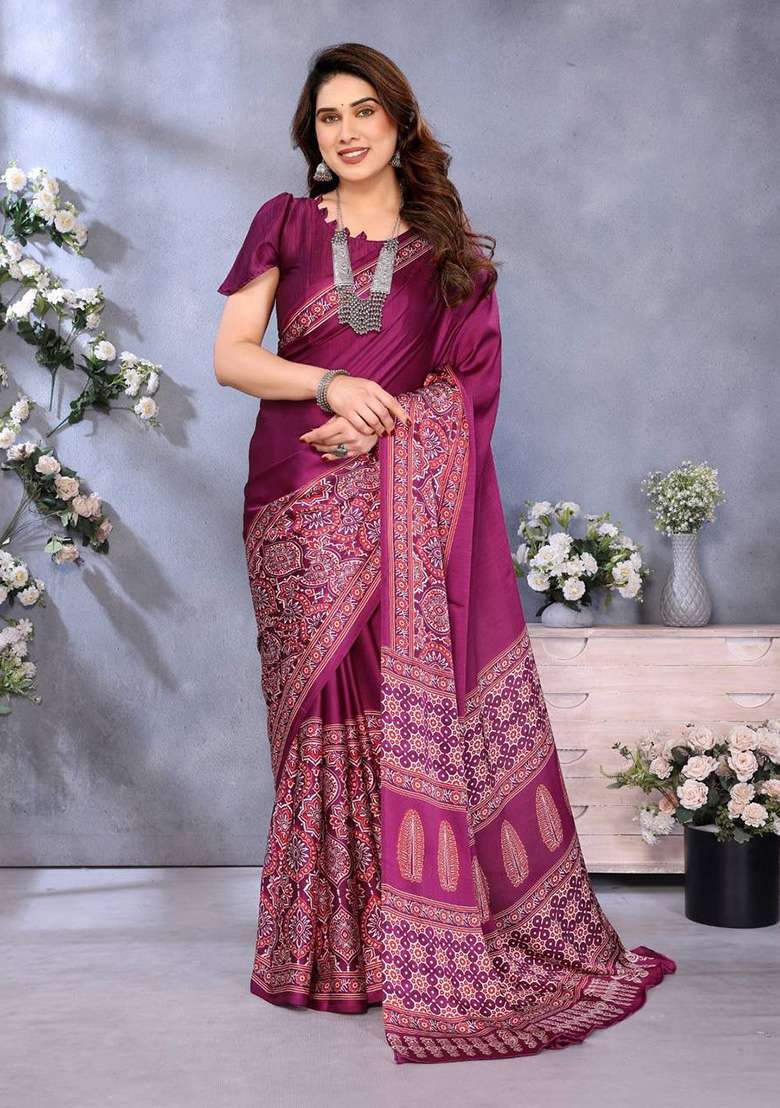 Magenta Printed Silk Blend Saree Set for Diwali and Festive Wear - Indya