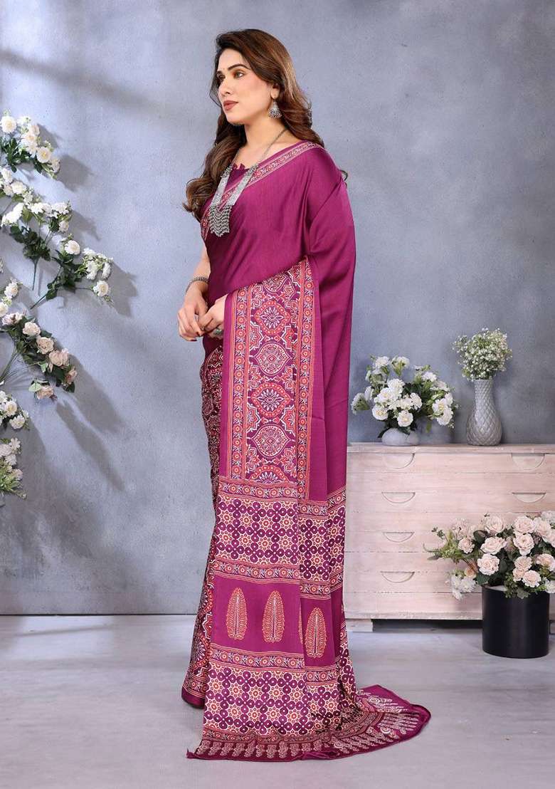 Magenta Printed Silk Blend Saree Set for Diwali and Festive Wear - Indya