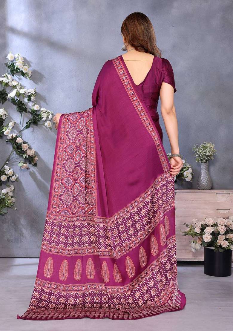 Magenta Printed Silk Blend Saree Set for Diwali and Festive Wear - Indya