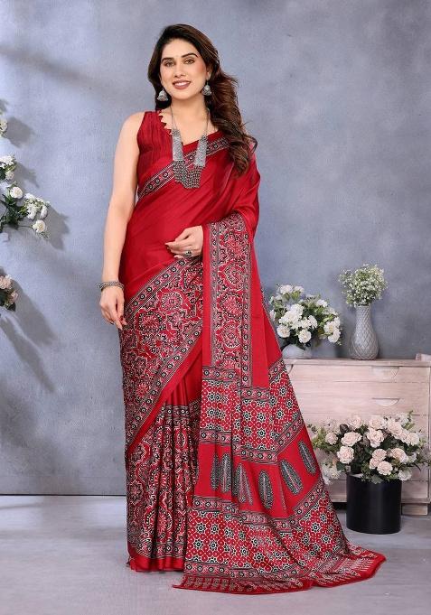 Red Printed Silk Saree Set