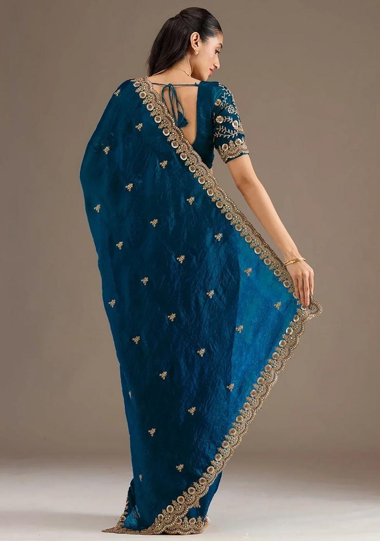 Blue Embroidery Silk Saree Set - Indya