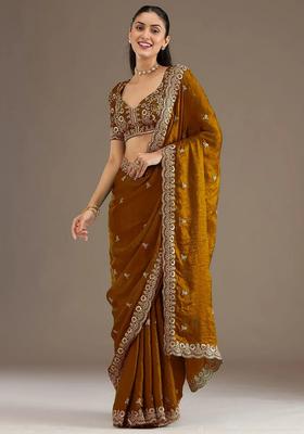 Golden Embroidery Silk Saree Set