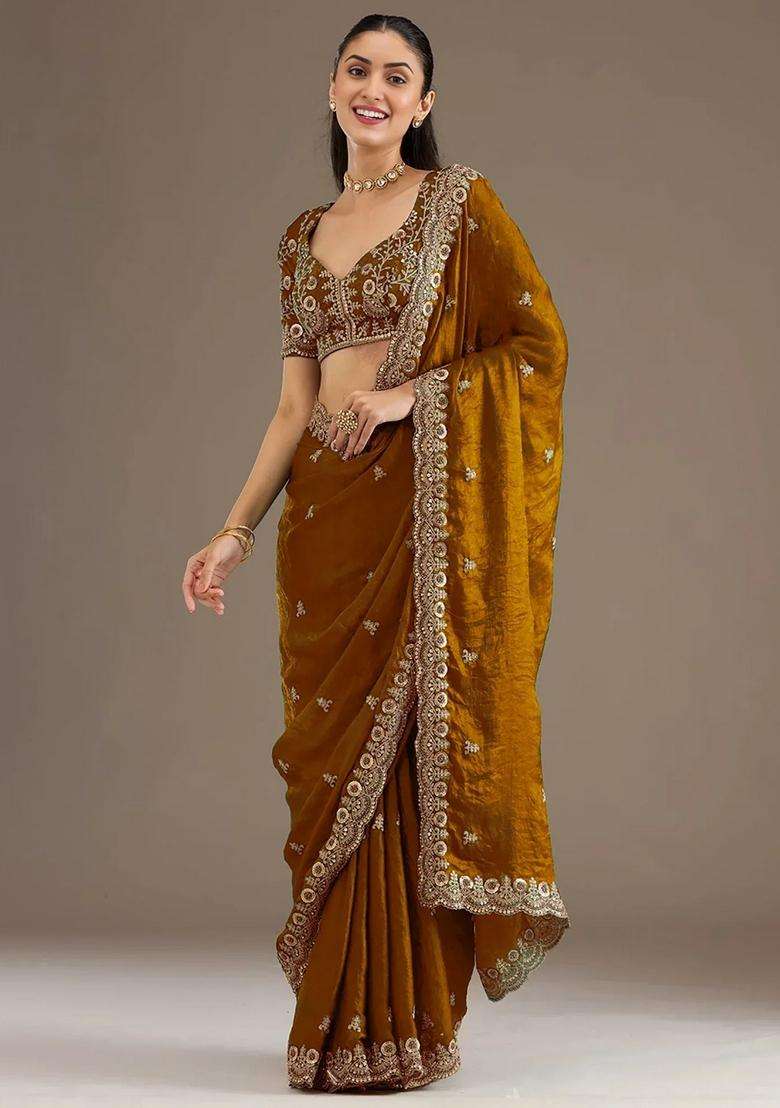 Golden Silk Blend Saree Set with Embroidery for Diwali | Wedding & Festive Wear - Indya