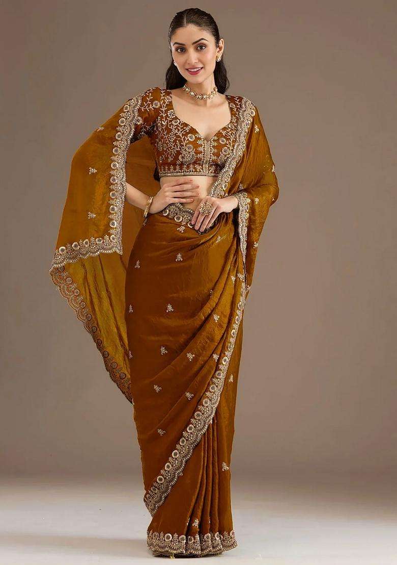 Golden Silk Blend Saree Set with Embroidery for Diwali | Wedding & Festive Wear - Indya