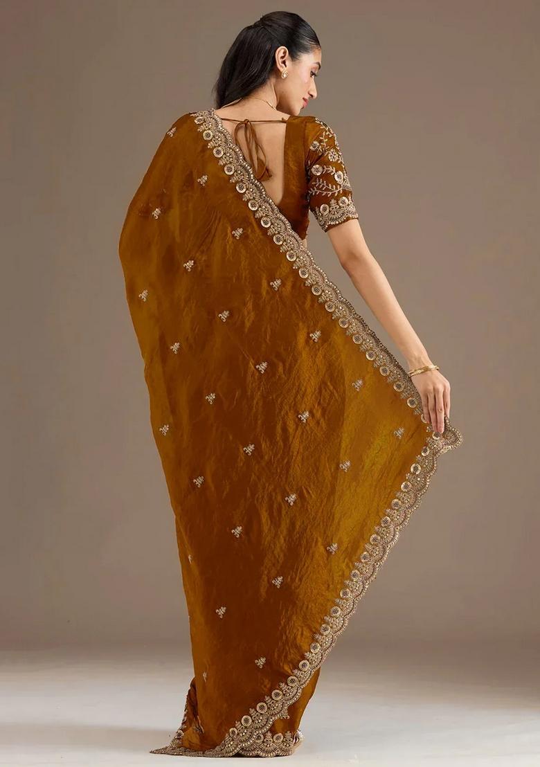 Golden Embroidery Silk Saree Set - Indya