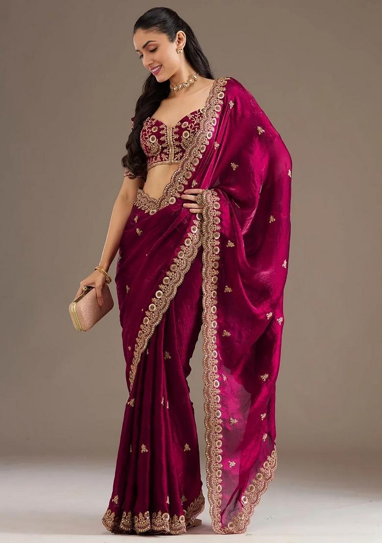 Maroon Embroidery Silk Saree Set - Indya
