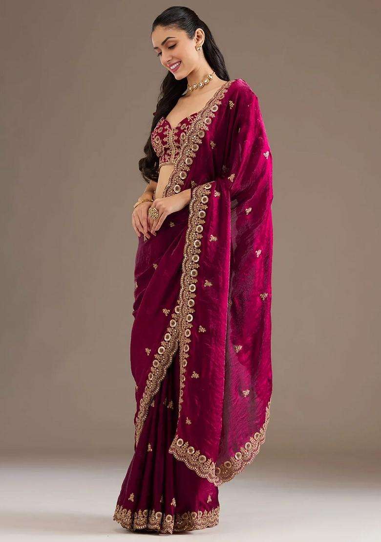 Maroon Embroidery Silk Blend Saree Set for Diwali and Festive Wear - Indya