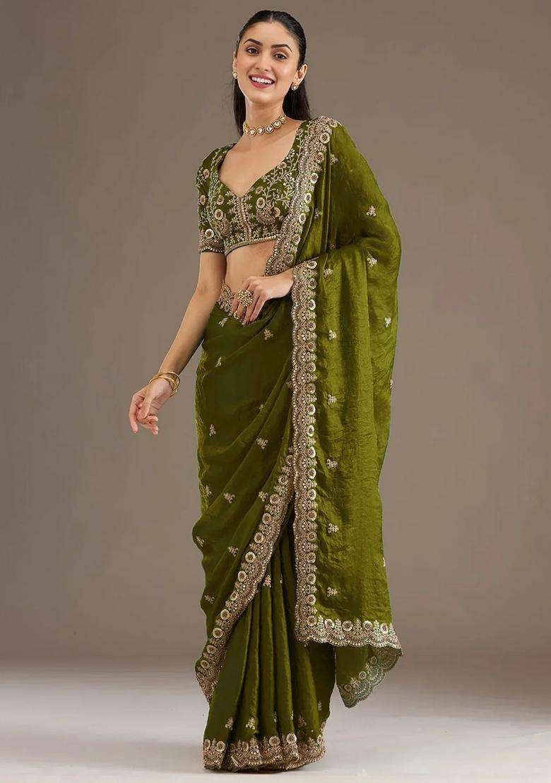 Green Silk Blend Saree Set with Embroidery for Diwali | Wedding & Festive Wear - Indya