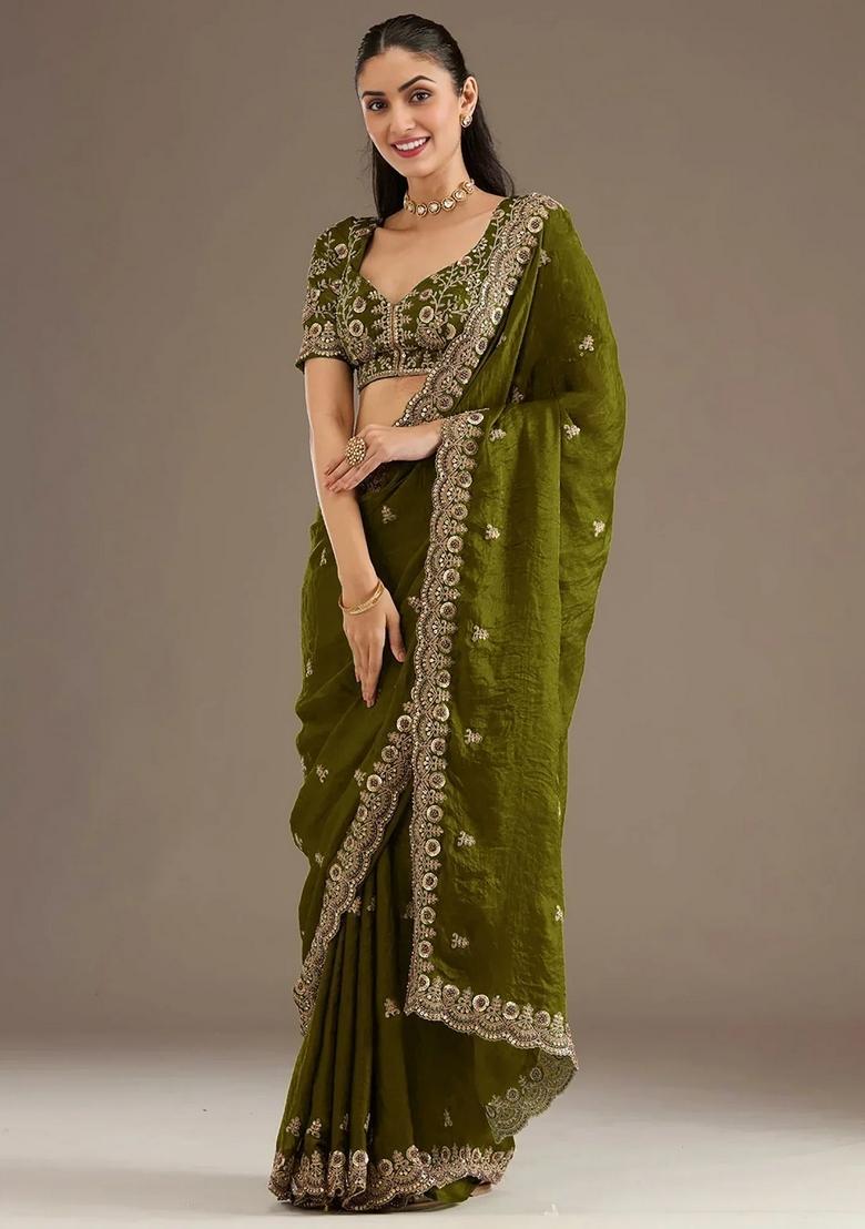 Green Embroidery Silk Saree Set - Indya