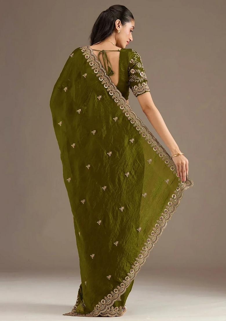 Green Embroidery Silk Saree Set - Indya