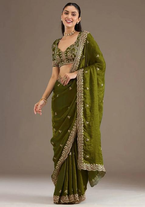 Green Embroidery Silk Saree Set