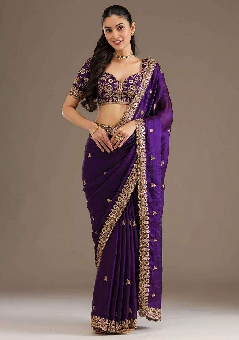 Purple Silk Blend Saree Set with Embroidery for Diwali | Wedding & Festive Wear - Indya