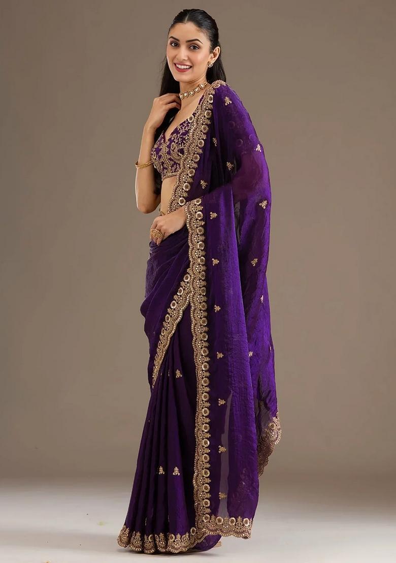 Purple Embroidery Silk Saree Set - Indya