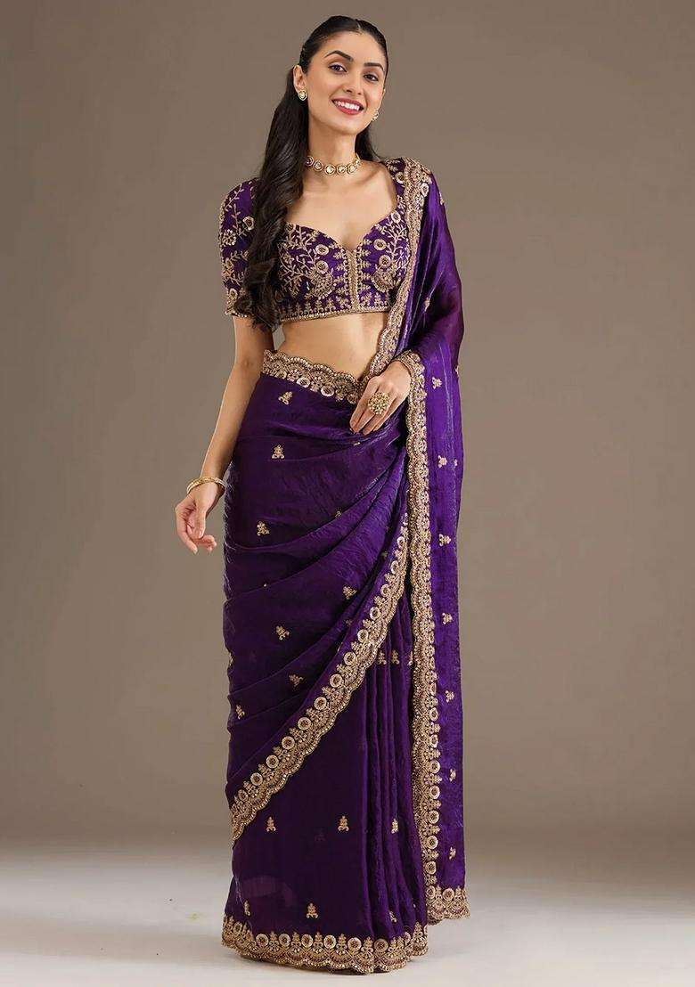 Purple Silk Blend Saree Set with Embroidery for Diwali | Wedding & Festive Wear - Indya