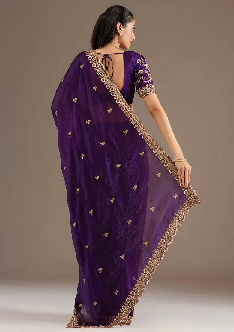 Purple Embroidery Silk Saree Set - Indya