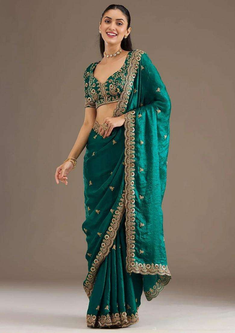 Green Embroidery Silk Blend Saree Set for Diwali and Festive Wear - Indya