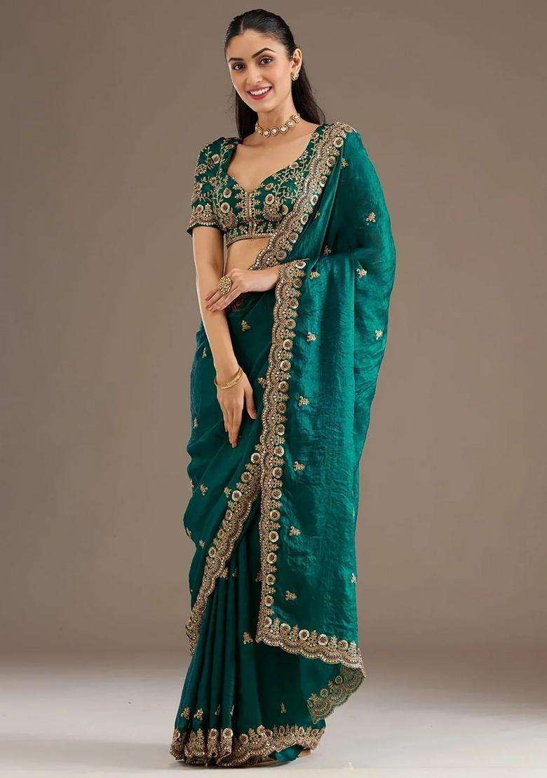 Green Embroidery Silk Saree Set - Indya