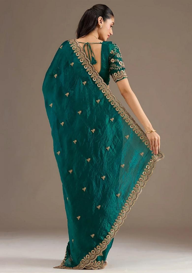 Green Embroidery Silk Saree Set - Indya
