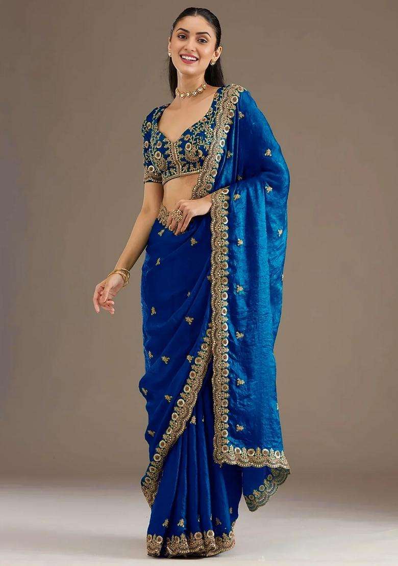 Blue Silk Blend Saree Set with Embroidery for Diwali | Wedding & Festive Wear - Indya