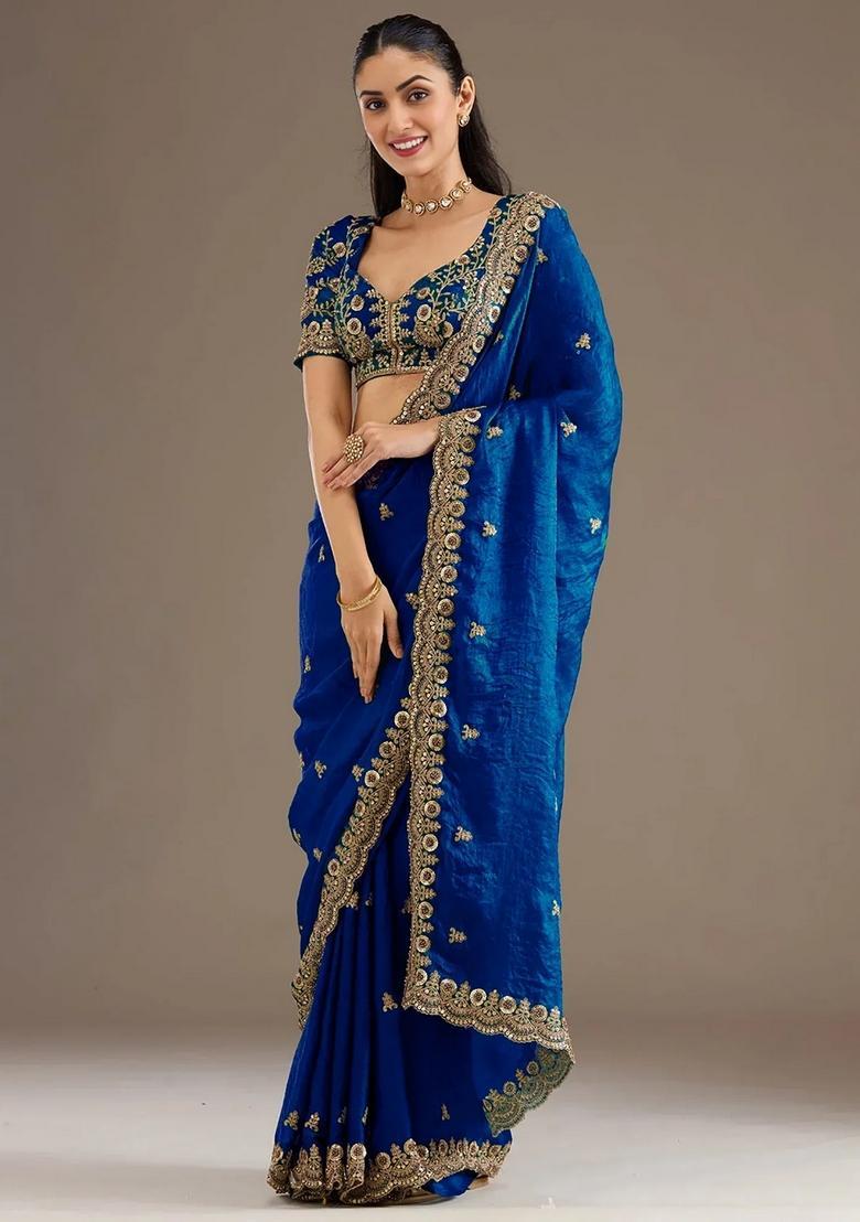 Blue Embroidery Silk Saree Set - Indya